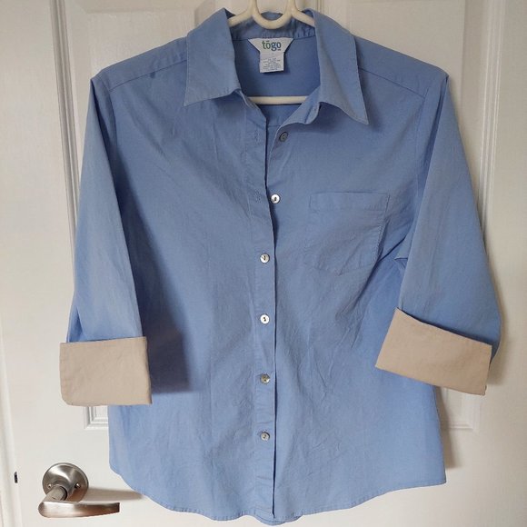 Togo Light Blue Cotton Shirt, 3/4 Sleeve 2 Color Cuffs, Size M - Picture 1 of 8